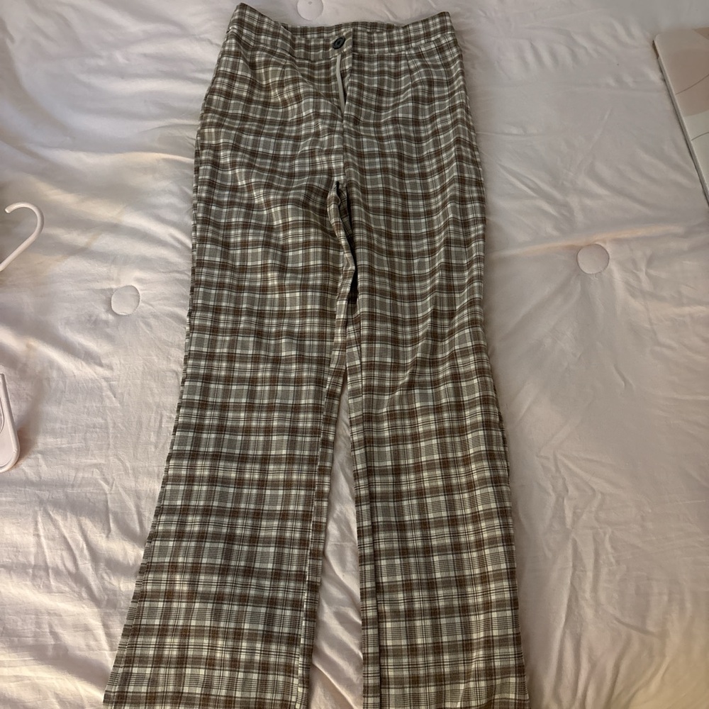 SHEIN Olive Green and White Plaid High-Rise Wide Leg Pants